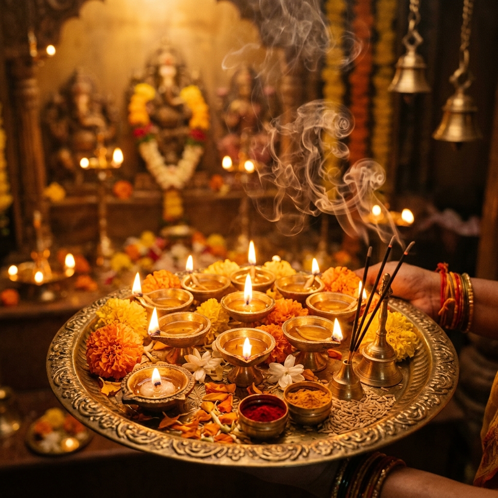 Aarti ceremony with lit diyas at the temple