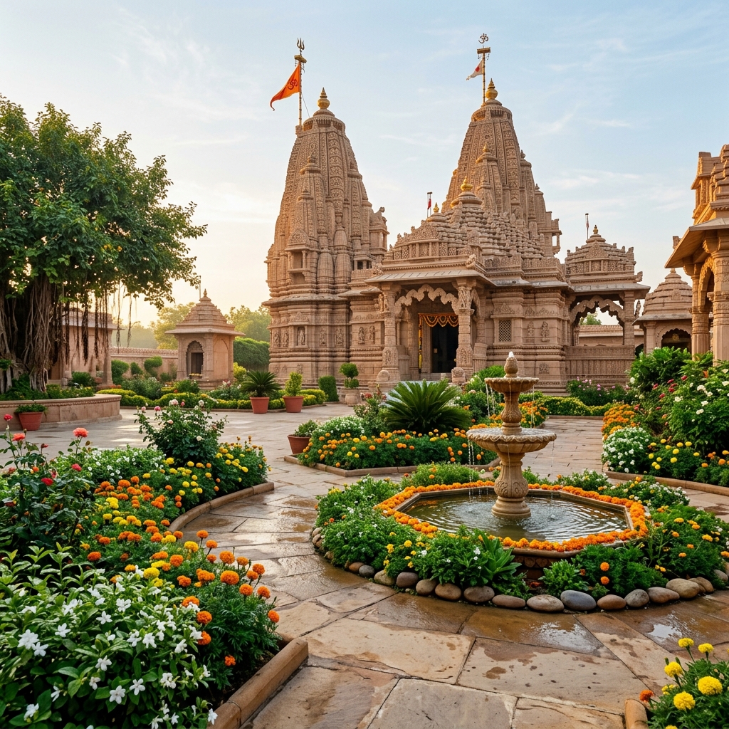 Peaceful temple garden and courtyard