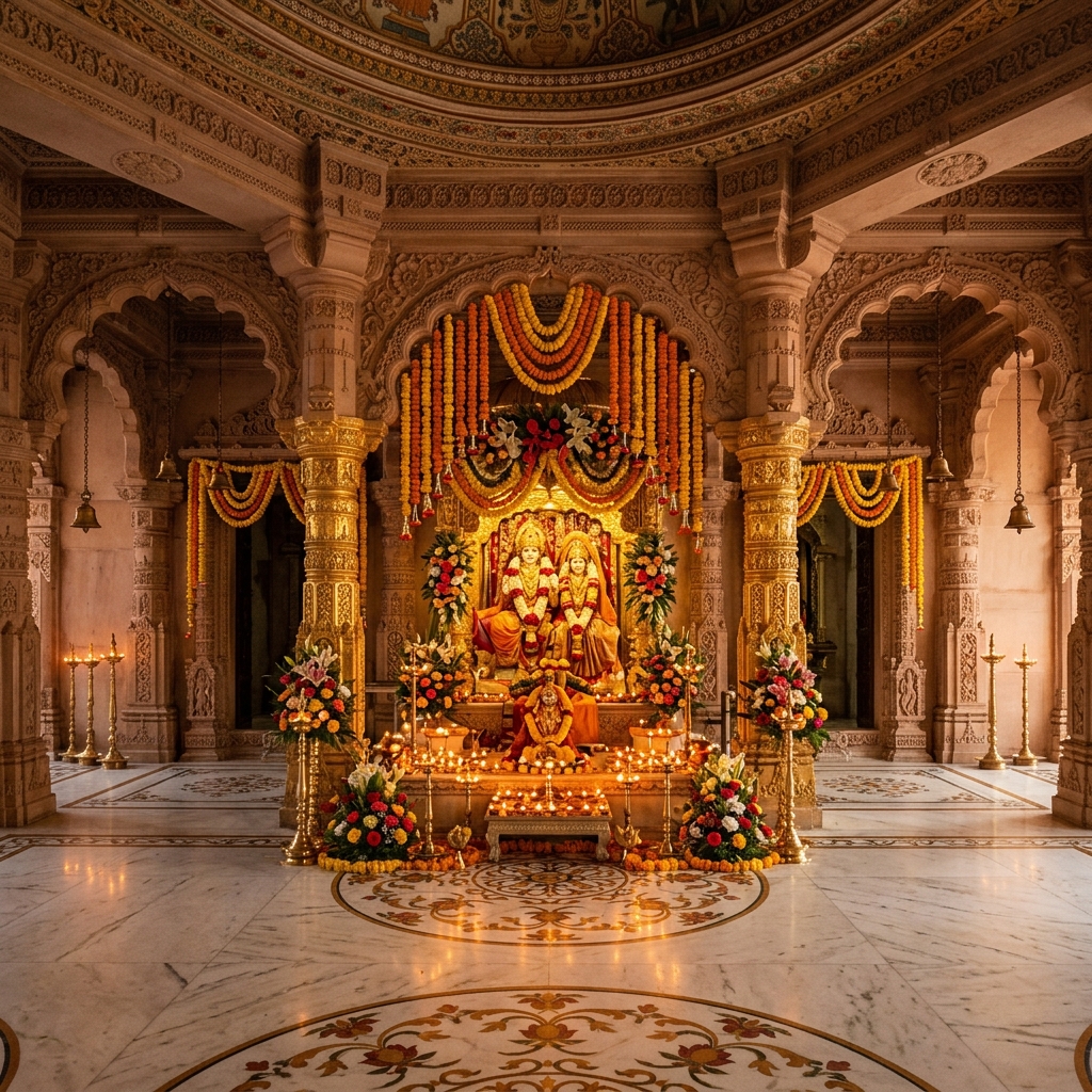 Sai Baba Mandir Kookas — Beautiful temple interior with golden pillars